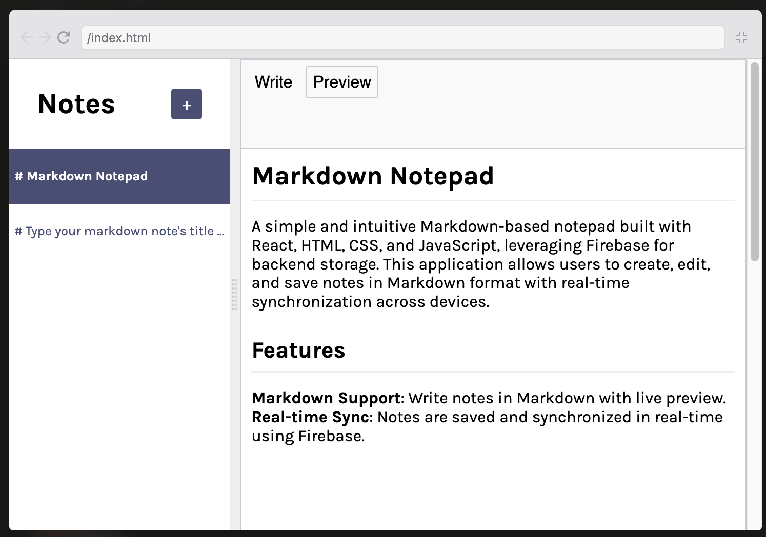 A simple and intuitive Markdown-based notepad built with React, HTML, CSS, and JavaScript, using Firebase for backend storage. This application allows users to create, edit, and save notes in Markdown format.